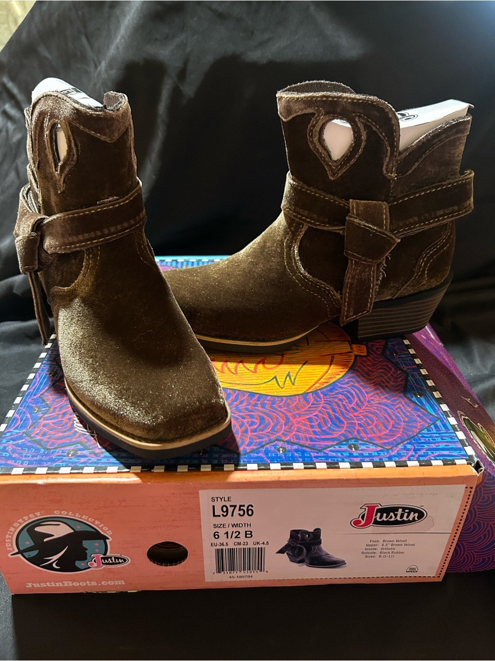 Justin Boots Kids Dark Brown Velvet Western Booties with Strap